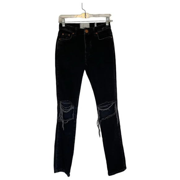 NWOT ONE TEASPOON Trucker Jeans Black Mid Rise Button Fly Size 23 Distressed - Picture 2 of 9